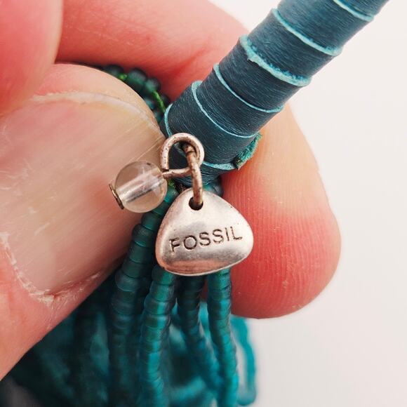 Fossil Multi Strand Seed Beaded Statement Necklace Teal Blue Green Coastal Fairy - Picture 5 of 5